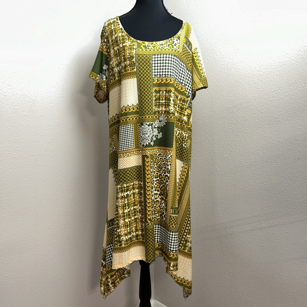 Lexington Avenue Dress Women's 2X Yellow‎ Animal Print Patchwork Artsy Casual